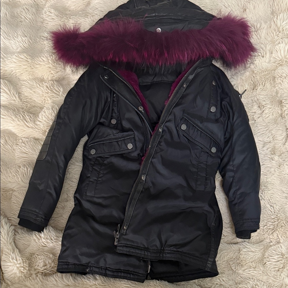 Kids Black Jacket with Purple Fur Trim